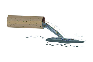 Wastewater and sewer pipe. Dirty water flowing from tube. Industrial pipe releases toxic waste. Industrial drain.Ecological disaster, dirty toxic effluents, environmental pollution.Vector illustration