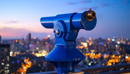 Blue tourist binoculars on a rooftop at twilight