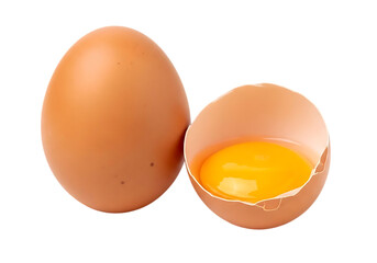 A whole brown chicken egg and a cracked egg revealing its vibrant yellow yolk isolated on transparent background