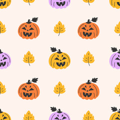Halloween Pumpkin and Leaves Seamless Pattern. Hand drawn Festive background with Spooky Jack o lantern squash and yellow leaf. Repeat vector illustration