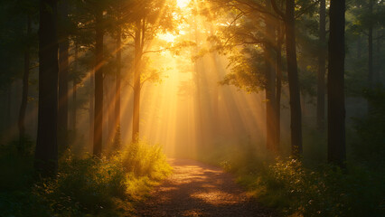 Golden hour in forest. Mystical sunlight streaming through trees. Ultra realistic forest scene. Enchanting nature light and shadows.