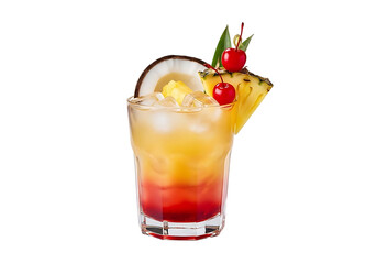 Vibrant tropical cocktail with pineapple and cherries isolated on transparent background