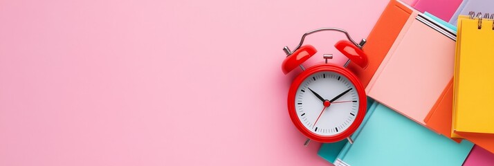Red alarm clock resting beside colorful notebooks on a pink background, symbolizing the vibrant start of a new school year and emphasizing time management in education