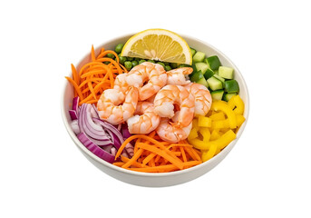 Fresh shrimp poke bowl with colorful vegetables and lemon slice isolated on transparent background