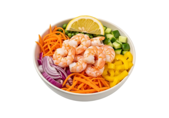 Fresh shrimp poke bowl with colorful vegetables and lemon slice isolated on transparent background