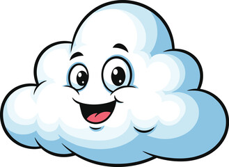 Fototapeta premium Cartoon cloud smiles happily. Weather illustration, cute character, cheerful expression, sky icon, funny cloud, mascot, happy, cheerful, weather