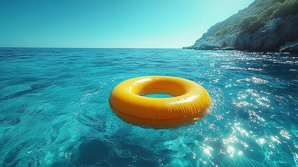 Top View Yellow Inflatable Ring in Blue Swimming Pool, Summer Vacation Concept, Isolated White Background with Fine Details for Banner Desig