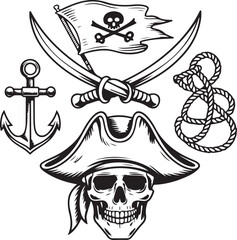 Fototapeta premium Hand-Drawn Pirate Skull and Sword Line Art Icon Pack with Jolly Roger Symbols and Nautical Accessories