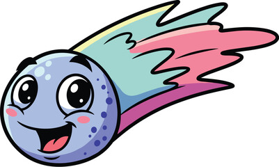 Fototapeta premium Cartoon comet flies happily across space. Cute meteor, tail, space, smiling, cartoon, character, fun, adventure, galaxy, astronomy, cosmic, sky, cheerful.