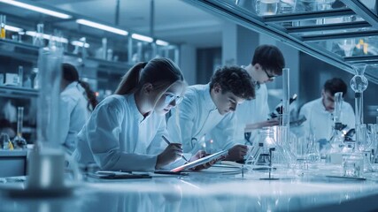 Researchers and scientists in laboratory use tablet for experiment. Team conducts discussion, analysis. Modern technology helps researcher study process, improving research quality and study pace. - Powered by Adobe