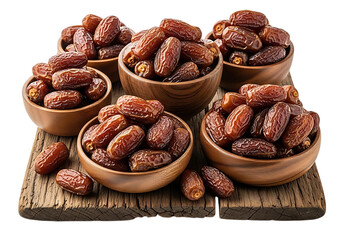 Several wooden bowls filled with delicious dried dates arranged on a rustic wooden surface isolated on transparent background