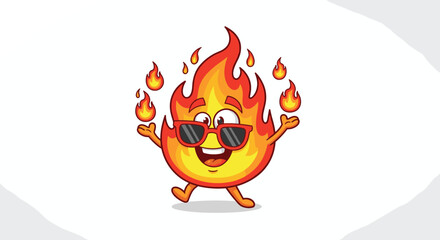 Cartoon flame character wears sunglasses and juggles fireballs. Mascot, fun, heat, danger, animation, hot, funny, cheerful, party.