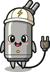 Cute cartoon plug character stands smiling. Electricity, connection, electrical safety, energy, power grid, sustainable technology, kawaii, friendly mascot.