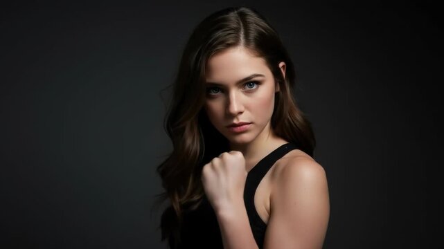 Confident young woman with brown hair shows determination and strength with fist up in studio