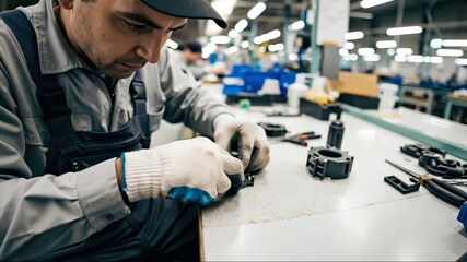 Man working at factory assembly line. Manufacturing, industrial production and manual labor concept for banner. Horizontal banner
