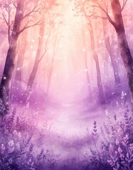 Enchanted Forest with a Mystical Mood in Pink and Purple Hues Against a Sparkling Background
