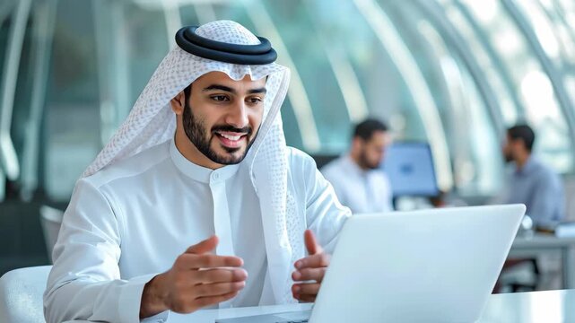 Arab businessman working on laptop in modern office. Corporate business, finance and technology concept for banner. Horizontal banner