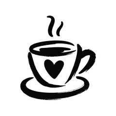 Stylized Coffee Cup with Heart Shape Black and White Illustration