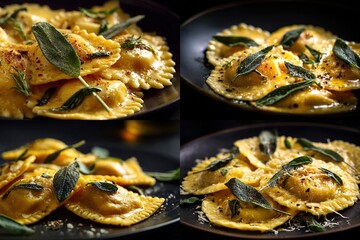 Four close-up shots of golden-yellow ravioli, garnished with fresh sage leaves and a sprinkle of cheese and spices on dark plates, showcasing variations in plating and seasoning