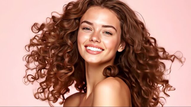 Portrait of happy smiling woman with curly hair on pink background. Beauty, skincare and haircare concept for banner. Cosmetology and spa. Vertical banner