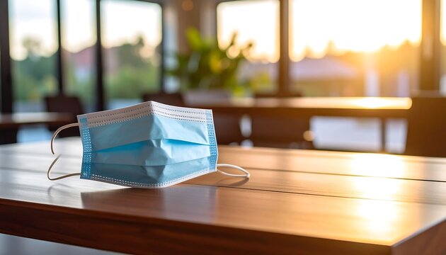 Light-filled interior with a disposable face mask on a wooden table