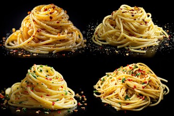 Four servings of spaghetti arranged on black, seasoned with herbs and red pepper flakes