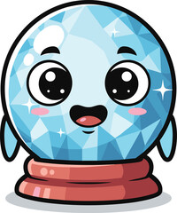Obraz premium Cute crystal ball character smiles. Fortune telling, mystical, magic, prediction, happy, cartoon