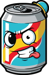 Cartoon soda can shows angry face. Mascot, expression, pop, refreshment, funny, cool, vector, illustration, beverage, design, drink, character, art, drawing