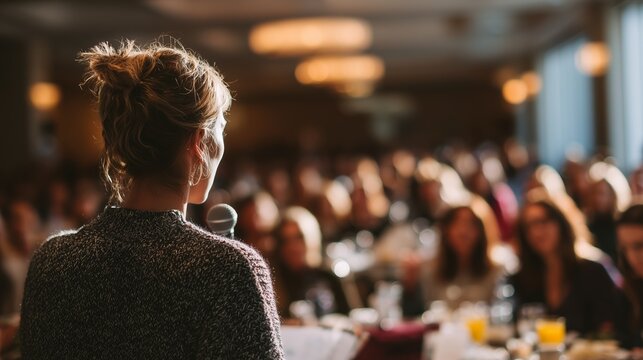 Woman speaking into microphone at a professional conference, addressing a diverse audience in a well-lit room setting.