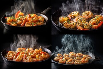 Delicious steamed shrimp sizzling in cast-iron pans, with steam and herbs
