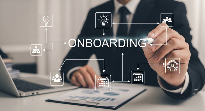 A businessman using a digital pen to interact with an onboarding process displayed on a screen