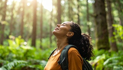 Female hiker taking a deep breath, connecting with nature in a sunlit forest.