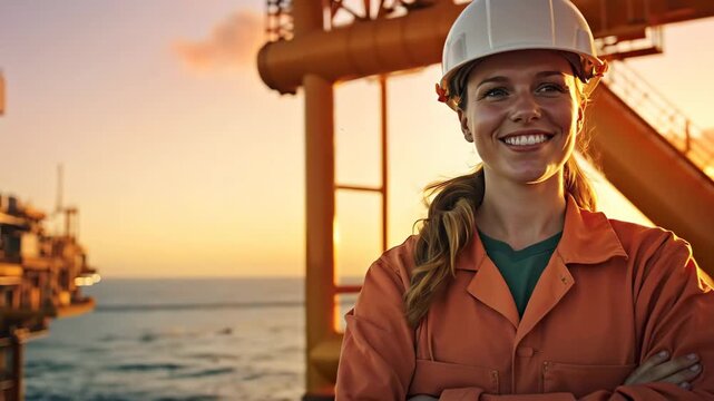 Portrait of smiling Female Engineer on Offshore Oil Rig at Sunset. Energy Industry, Engineering and Professional Occupation Concept for Banner. Horizontal Banner