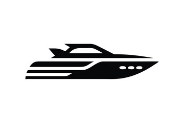 Sleek Black Speedboat Icon: Luxury Yacht, Fast Travel, Minimalist Design, Vector Graphic Illustration