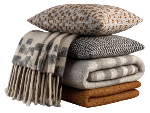 Cozy home decor pillows and blankets indoor living room textiles. Isolated on transparent background, png.