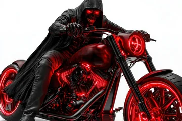 Fototapete Motorrad Dark figure on a custom motorcycle with glowing red accents.  © Andi