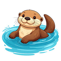 Adorable cartoon otter swimming in water with playful expression, detailed illustration of a cute aquatic mammal enjoying a splashy swim in a simple aquatic setting