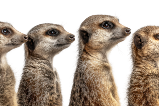 Meerkats observing their surroundings desert habitat animal portraits. Isolated on transparent background, png.