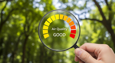 A hand holding a magnifying glass over an air quality indicator in a green forest environment