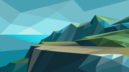 Low poly landscape of a coastal area the sea sky and beach a geometric beauty