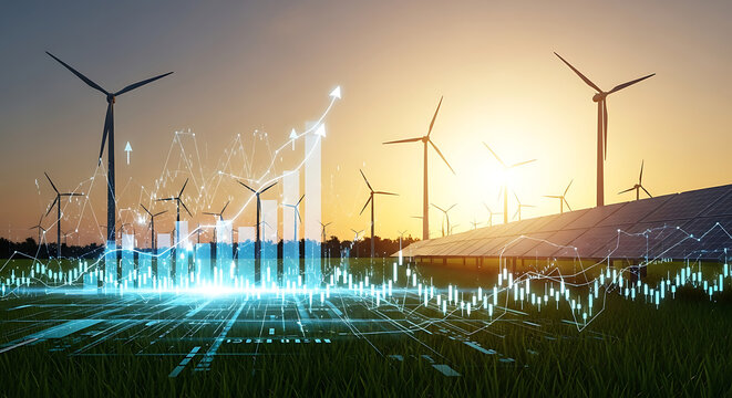 Digital data overlays a field of wind turbines and solar panels under a sunset sky, illustrating sustainable energy growth and technological innovation.
