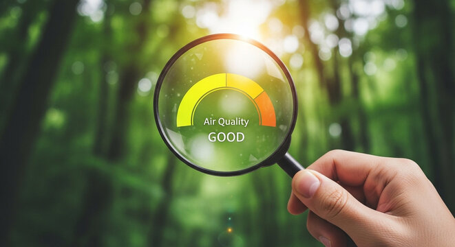 Hand holding magnifying glass showing good air quality in a green forest environment concept view