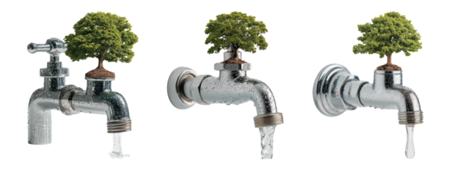 Creative Concept with Faucet and Tree on Transparent Background