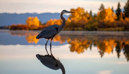 Obraz premium Heron wading in calm water, autumnal colors reflected