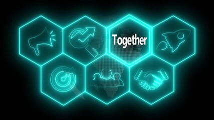Glowing neon sign Stronger Together concept button on a futuristic computer screen. abstract technology background with rotating world map icon - Powered by Adobe