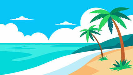 An Illustration in Vector Art Style of a Serene Tropical Beach