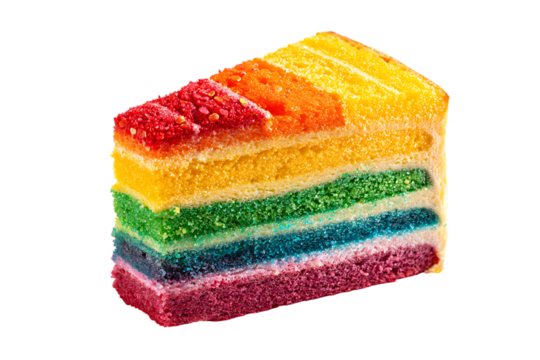 On transparent background a single slice of a vibrantly colored rainbow cake with distinct layers of sponge and