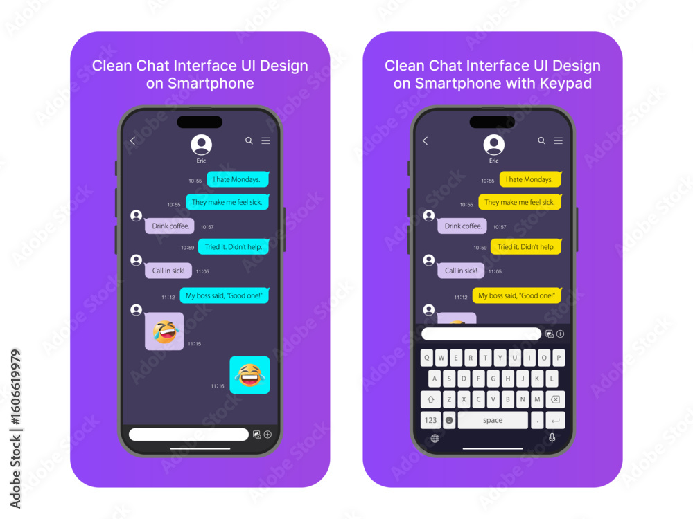 Poster Messenger Chat Interface Application with Dialogue Window and Message Bubble – Clean Mobile UI Design Concept for SMS on Smartphone with and without Keypad in Dark Mode Vector Illustration