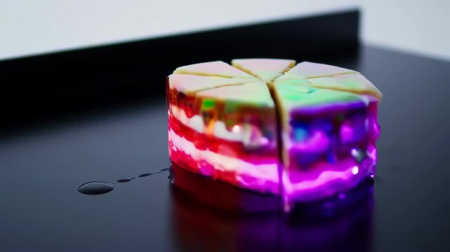 Colorful cake slices under vibrant light