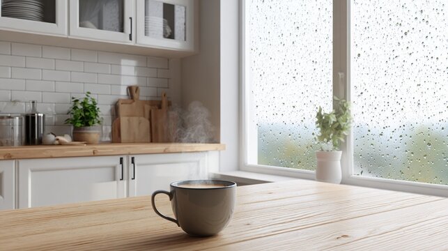 calm rainy day in minimal kitchen, large window with raindrops, white cabinets, wooden table, ceramic cup with steam, peaceful mood
